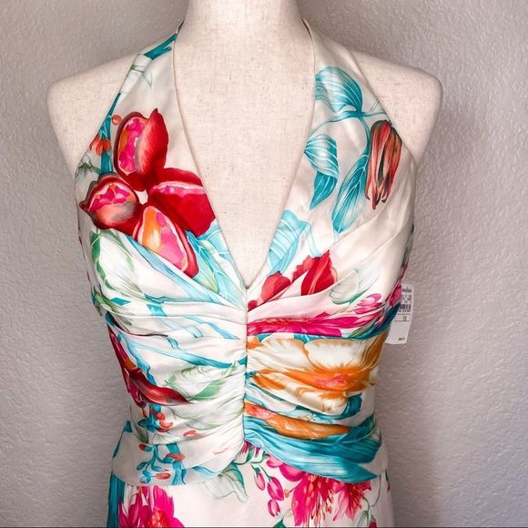 Carmen Marc Valvo Silk Floral Tropical Halter Rouched Dress Size 10 ✨NWT - Picture 3 of 9